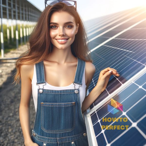 Young woman in overalls at PV solution solar panel installation, smiling confidently, embodying modern renewable energy solutions
